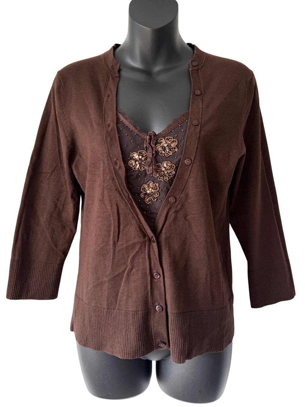 Cable & Gauge Brown Button Front Sweater Cardigan Womens Large Beaded Embellish
